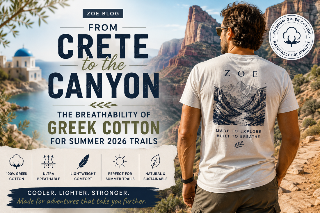 breathable cotton T-shirts, summer hiking clothing, premium Greek cotton, lightweight summer apparel, ZOE Greece