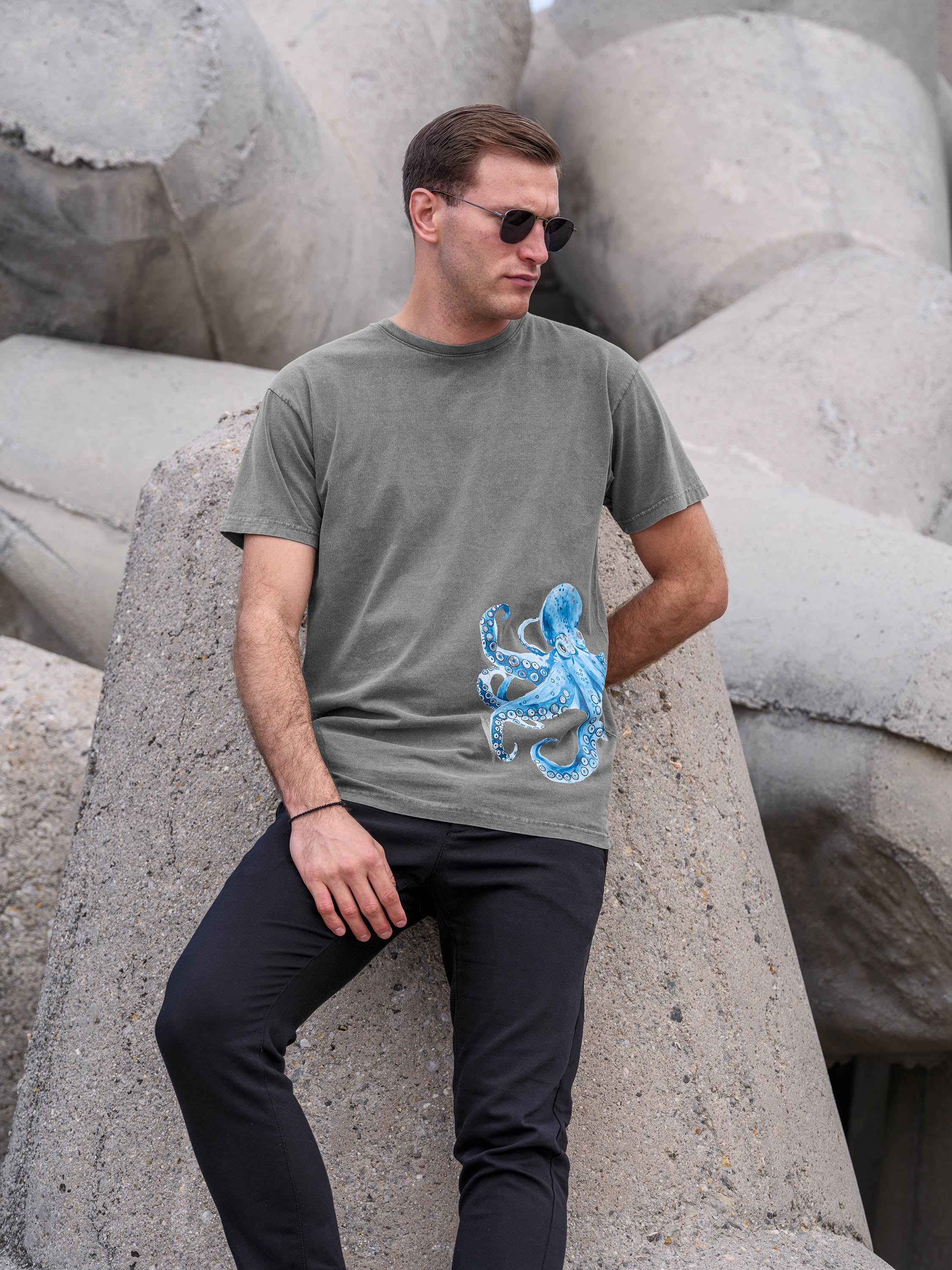 Μπλε Χταπόδι Υδατογραφία - Μπλούζες Πετροπλυμένες