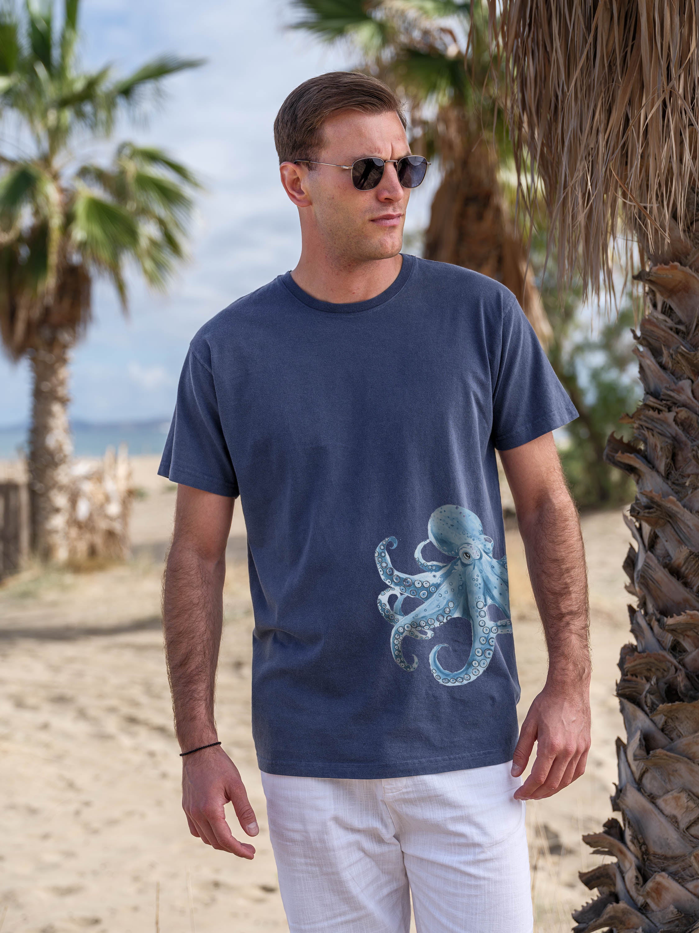 Μπλε Χταπόδι Υδατογραφία - Μπλούζες Πετροπλυμένες