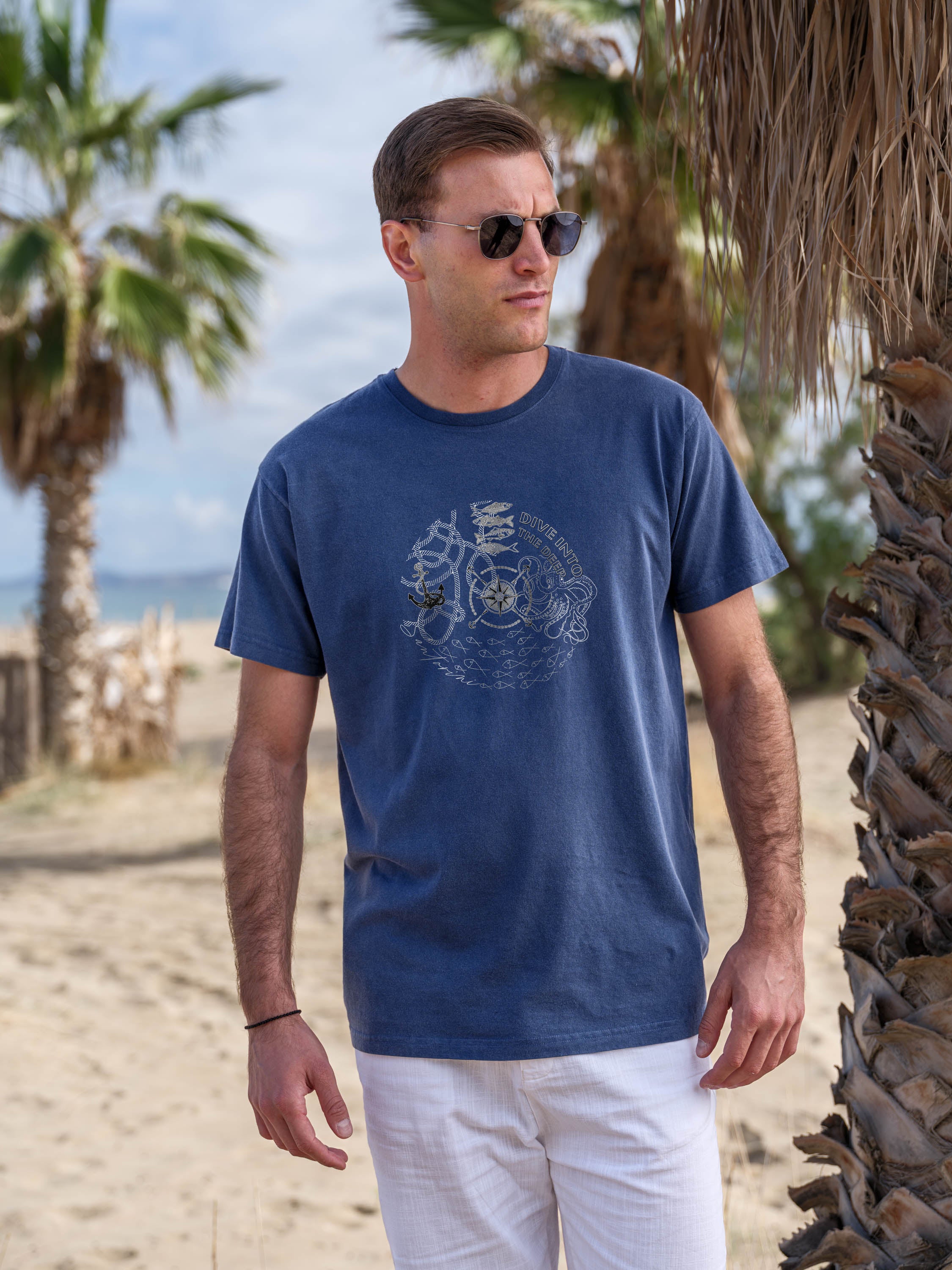 Vintage Ναυτικός Χάρτης & Πυξίδα - Μπλούζες Πετροπλυμένες