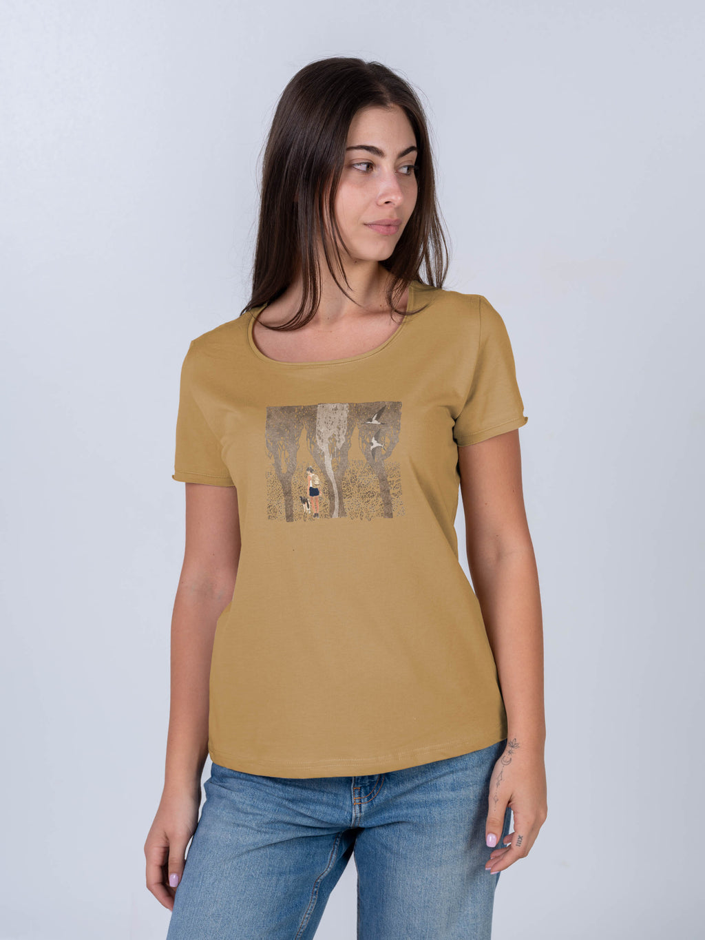 Hiker with Dog in the Forest & Swallows - T-Shirts
