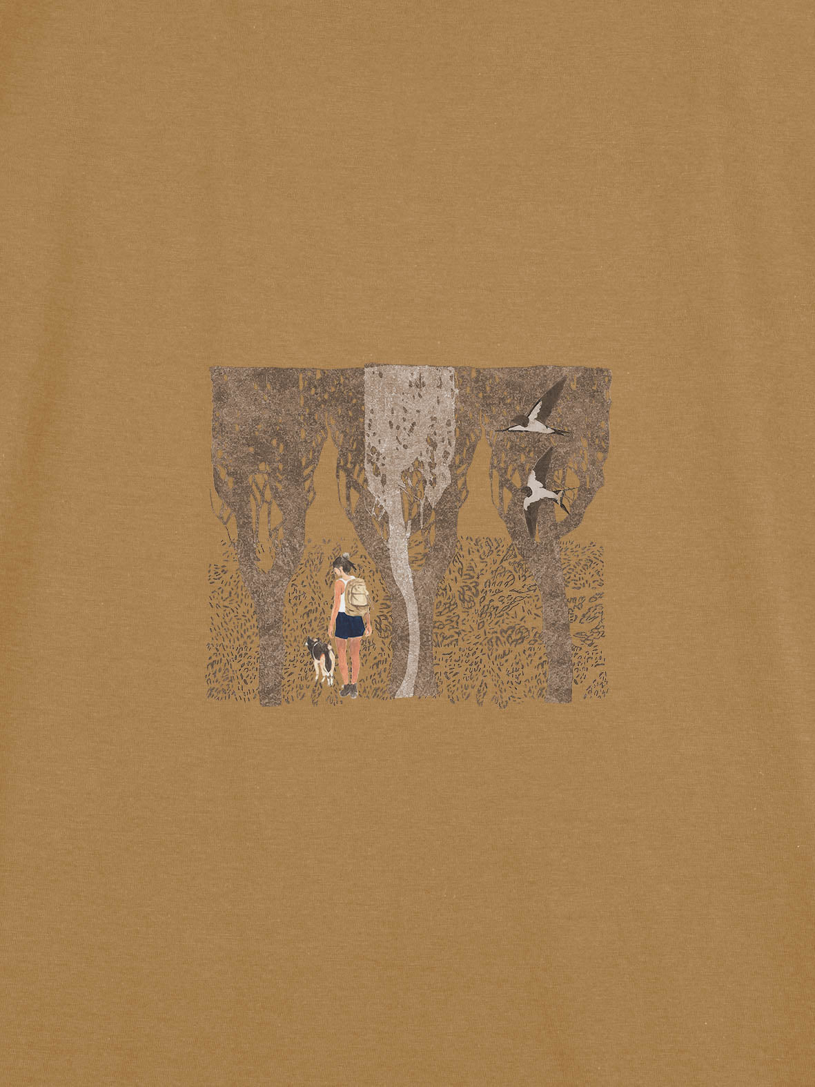 Hiker with Dog in the Forest & Swallows - T-Shirts