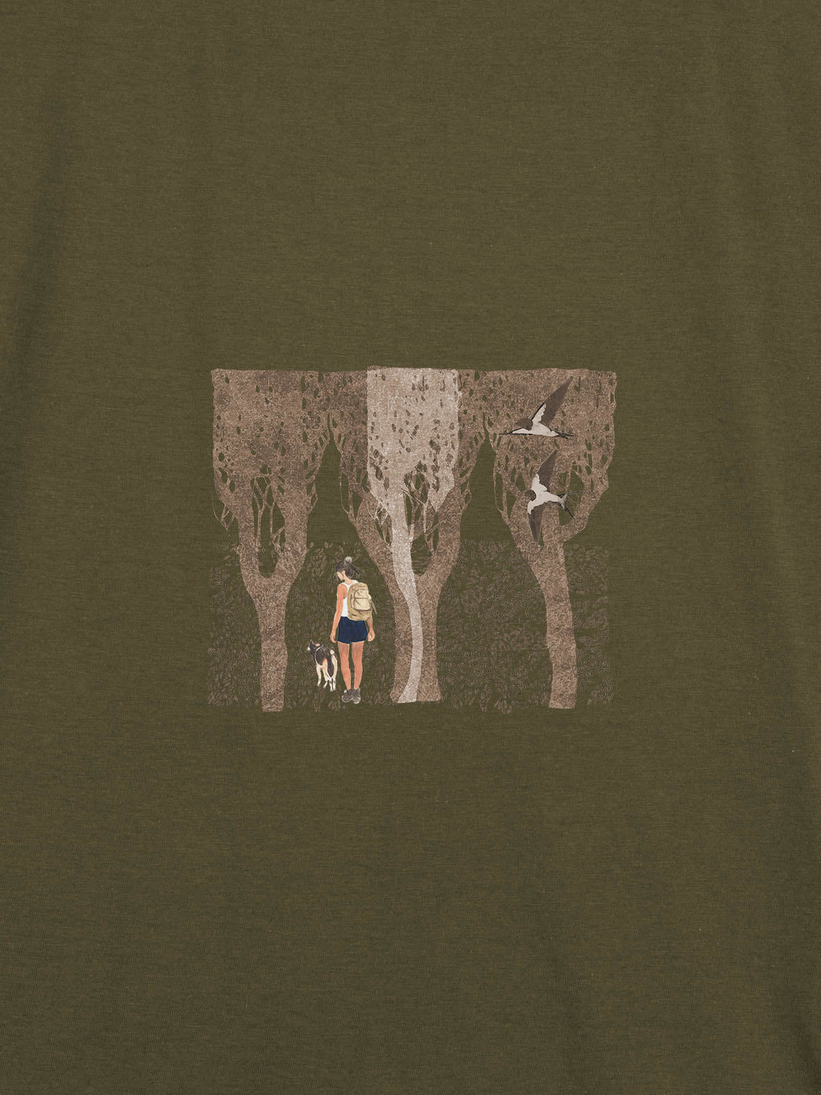 Hiker with Dog in the Forest & Swallows - T-Shirts