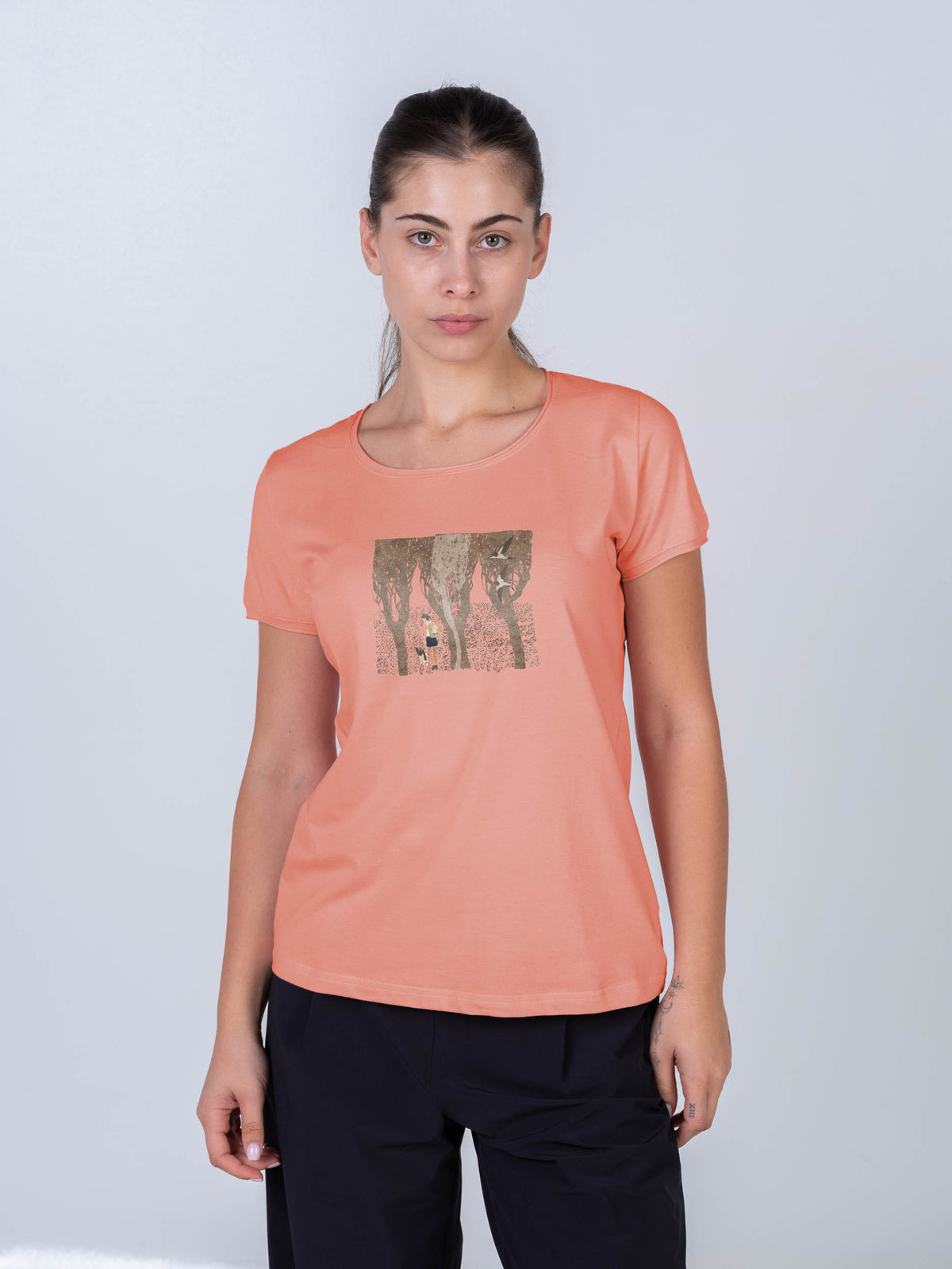 Hiker with Dog in the Forest & Swallows - T-Shirts