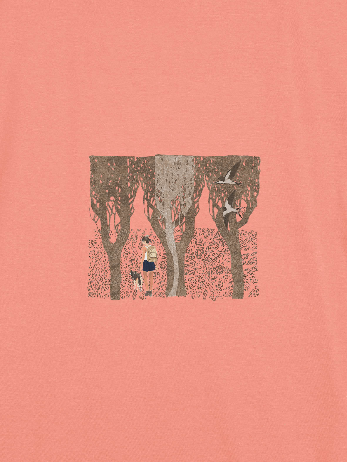 Hiker with Dog in the Forest & Swallows - T-Shirts