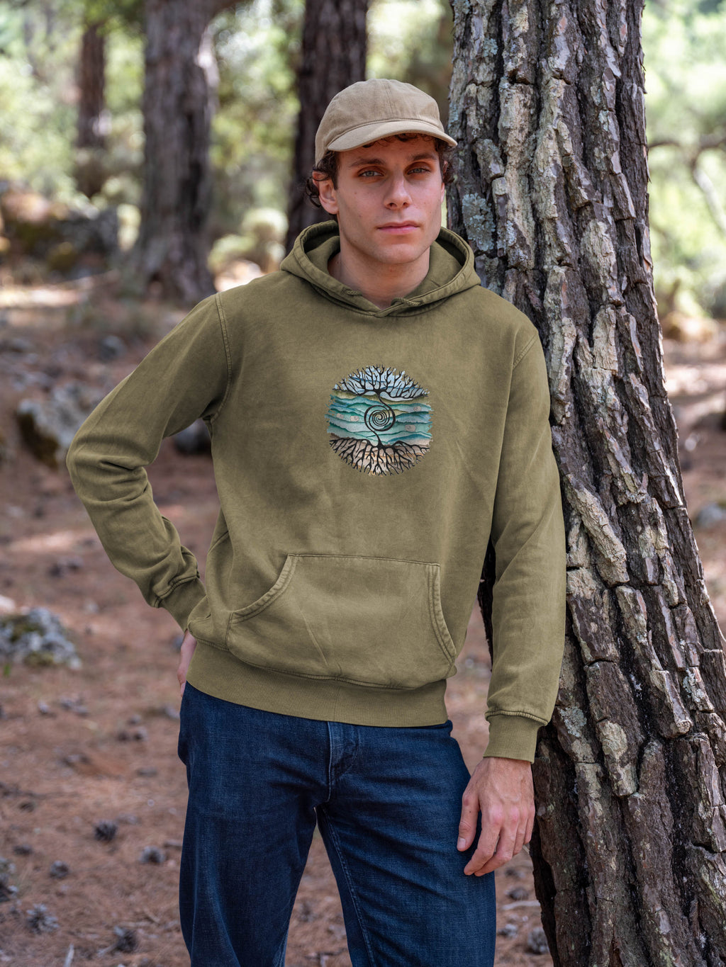Tree rooted in Cretan landscape - Stonewashed Hoodie