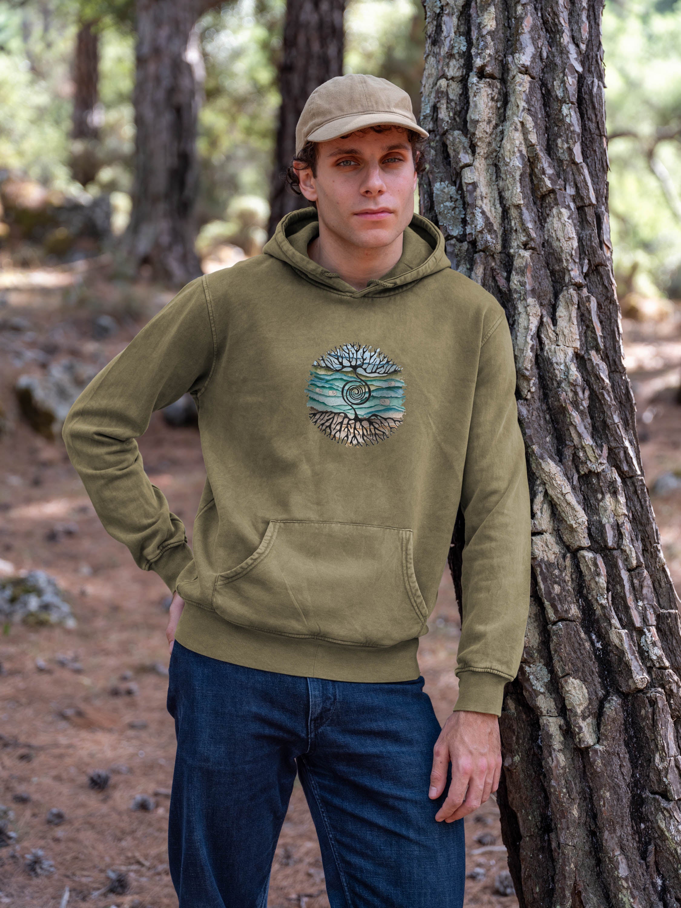 Tree rooted in Cretan landscape - Stonewashed Hoodie