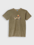 ZOE olive T-shirt with mountain goat and sunset graphic, Greek cotton original art