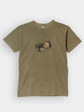 Olive ZOE T-shirt with tree and elephant art, made from Greek cotton, flat lay view