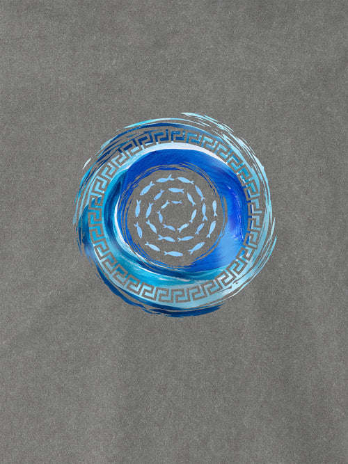 Greek blue spiral art print on grey ZOE T-shirt made from fine Crete cotton