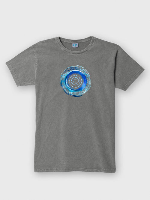 ZOE silver dust grey T-shirt with blue circular Greek art, made from fine Greek cotton