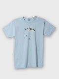 Light blue ZOE T-shirt with mountain and cyclist line art, Greek cotton, original design