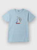 Light blue ZOE T-shirt with sailboat and Greek-inspired art, made from Greek cotton