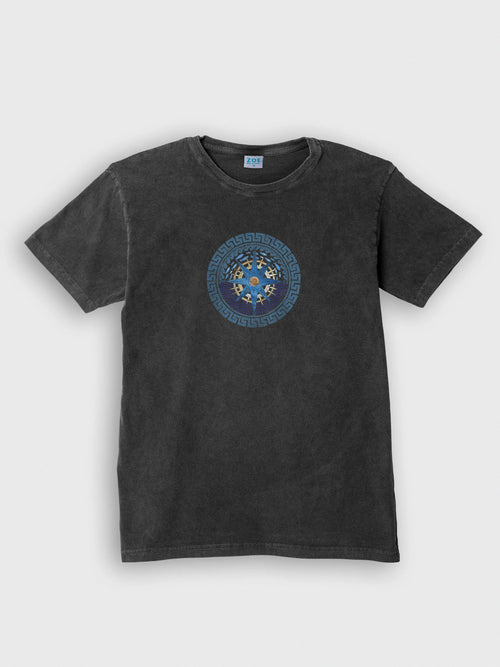 ZOE Midnight Ash T-shirt with blue Greek-inspired art, made from premium Greek cotton