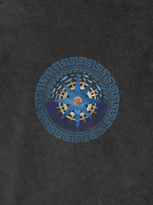 ZOE Greek cotton T-shirt with blue compass and Greek key art on black fabric