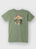 Olive green ZOE T-shirt with vintage van and sunset graphic, Greek cotton, original art