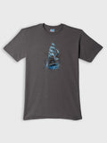 ZOE grey Greek cotton t-shirt with blue ship graphic and original art, flat lay