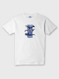 White ZOE T-shirt with blue illustrated whales and waves, crafted from Greek cotton