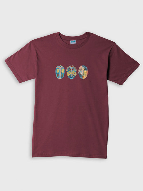 ZOE aubergine T-shirt with colorful original art masks, crafted from Greek cotton