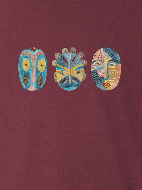 ZOE aubergine T-shirt with three colorful abstract face designs, Greek cotton, original art