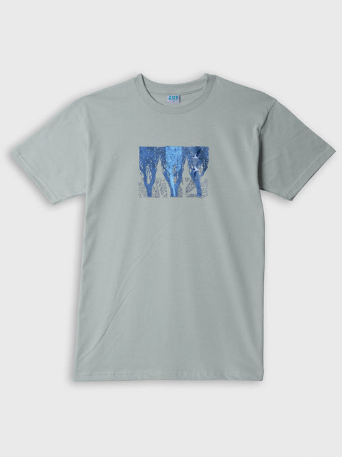 Light blue ZOE t-shirt featuring abstract blue tree art, made from fine Greek cotton.