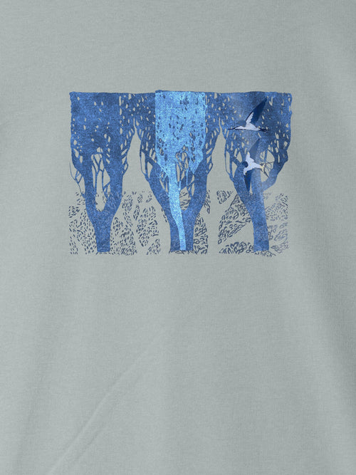 Light blue ZOE T-shirt with blue abstract tree and bird graphic, Greek cotton apparel