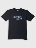 ZOE navy T-shirt with colorful flying fish art, made from premium Greek cotton