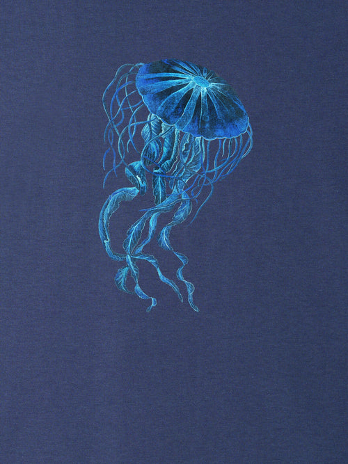 Indigo blue ZOE T-shirt with artistic blue jellyfish graphic, Greek cotton apparel