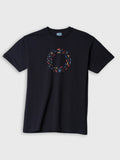 ZOE black Greek cotton T-shirt with colorful circular art design, minimalist style