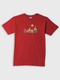 Red ZOE T-shirt with abstract ibex and sun art, Greek cotton, Crete studio design