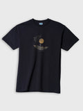 ZOE black cotton T-shirt with a gold moon, tree, man and dog graphic, Crete-inspired art
