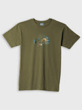 Khaki ZOE T-shirt with tree and moon graphic, made from Greek cotton, original Crete art