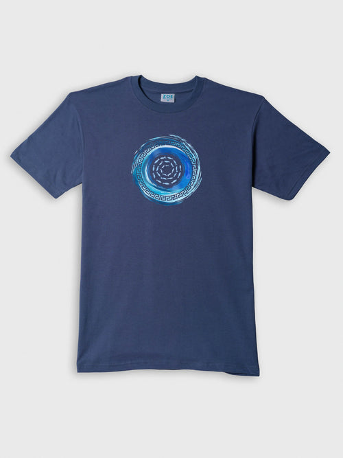 ZOE indigo blue T-shirt with original Greek art design, made from premium Greek cotton
