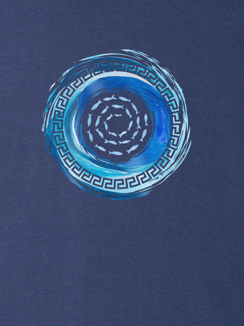 Indigo blue ZOE T-shirt with Greek-inspired circular fish and wave art design