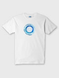 ZOE white T-shirt with blue Greek-inspired circular art, made from premium Greek cotton