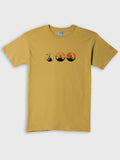 Olive ZOE T-shirt with three circular sunset art graphics on chest, Greek cotton, Crete design