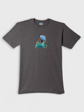 ZOE grey T-shirt with abstract blue and green printed art, made from Greek cotton