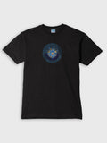 ZOE black T-shirt with blue and gold Greek-inspired art, made from fine Greek cotton
