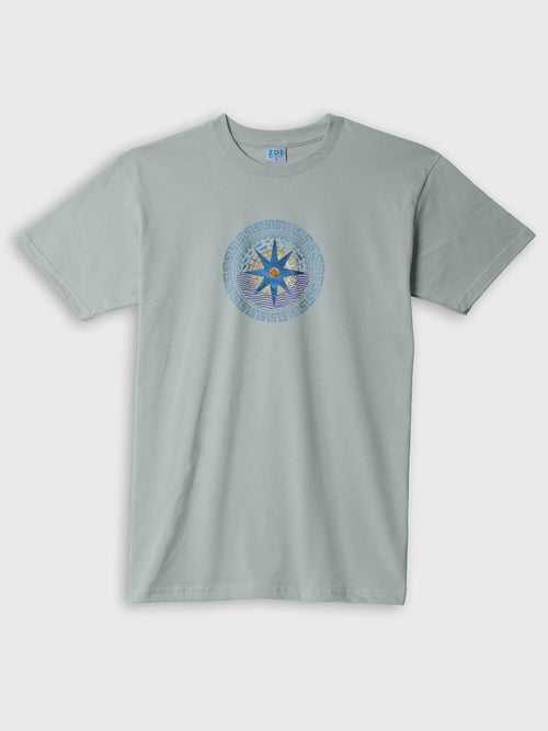 Light blue ZOE T-shirt with Greek-inspired compass design and original art on chest