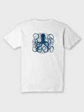 ZOE white T-shirt with blue octopus art on back, made from Greek cotton