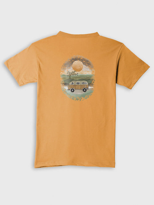 Ochre ZOE T-shirt with art print of van and sunset landscape, Greek cotton, back view