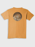 Ochre ZOE T-shirt featuring a sun and mountain graphic on the back, Greek cotton