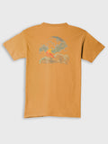 Ochre ZOE T-shirt with artistic surfer and wave print on the back, Greek cotton apparel