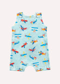 Light blue baby romper with colorful airplane print, part of ZOE’s Greek cotton collection