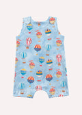 Light blue baby romper with colorful hot air balloon pattern, ZOE Greek cotton collection