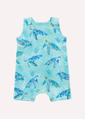 Aqua blue baby romper featuring colorful sea turtle illustrations, Greek cotton by ZOE.