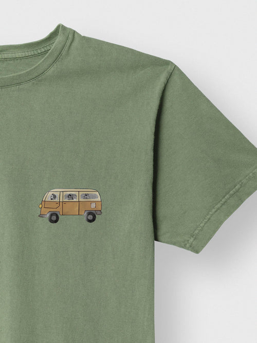 Olive green ZOE T-shirt with yellow van graphic, original art, Greek cotton